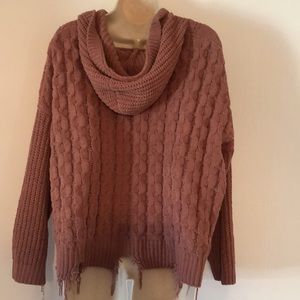 Woman’s Y2k BKE cable knit fall hooded mauve fringe distressed sweater